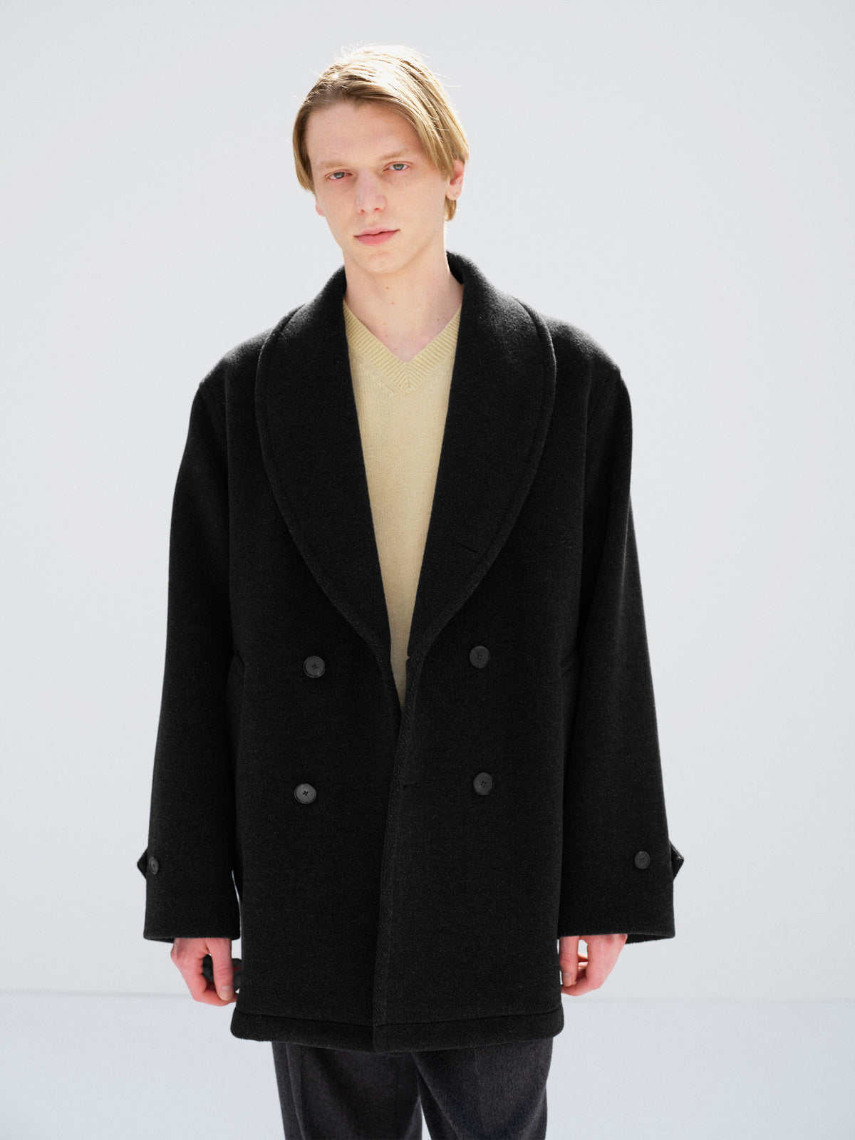AURALEE 26AW WOOL HERRINGBONE SHAWL COLLAR COAT